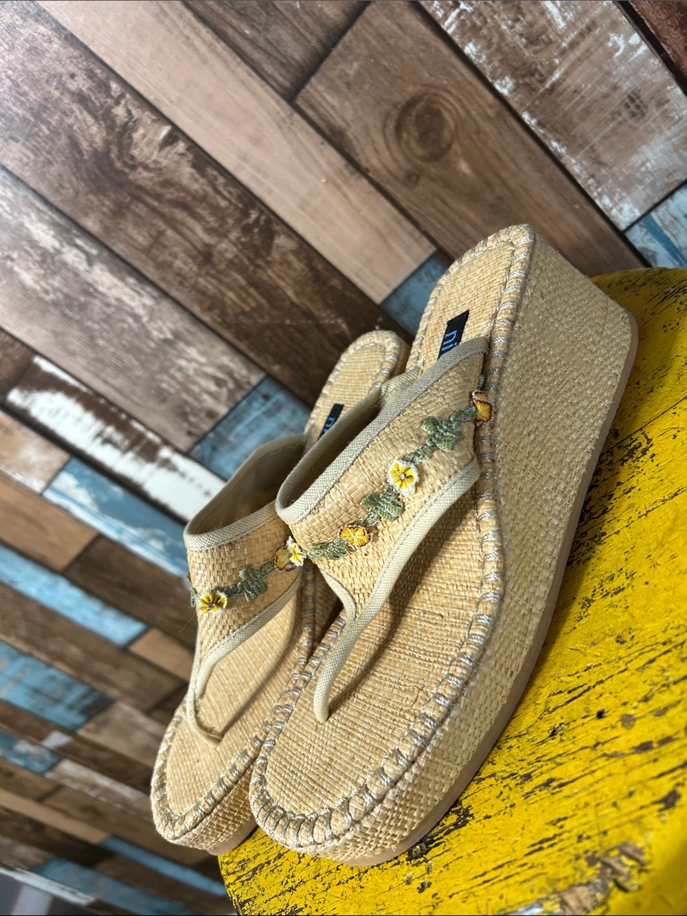 Nicole Y2K Beige Woven Thong Sandals with Yellow Flower Embroidery